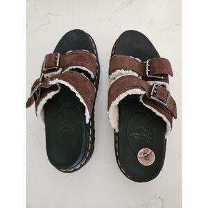NWOT- Dr. Martens Myles Suede Fur-Lined Buckle Slide Sandals in Dark Brown- SZ-8